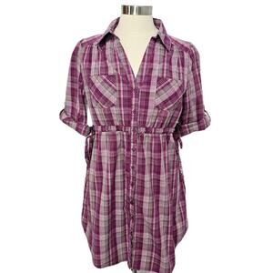 H&M Purple Plaid Shirt Dress Size 12 Button Mini Side Ties Western Cowgirl Rodeo